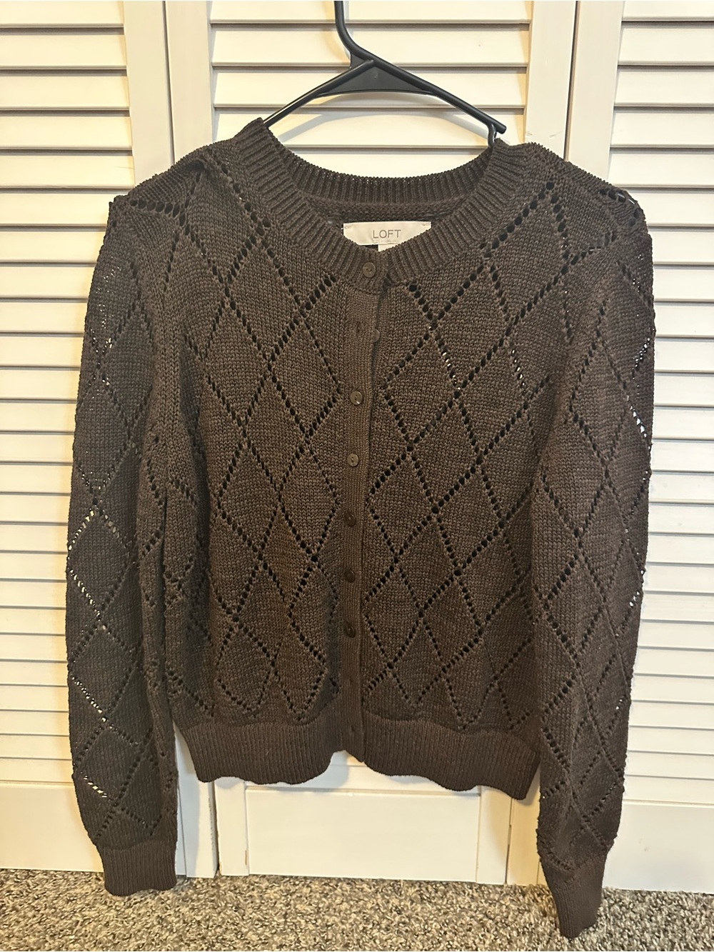 LOFT Chocolate Brown Openwork Button-Front Cardigan